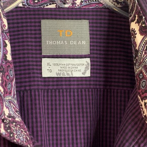 Thomas Dean Button Up Shirt Men Size XL Purple Check Flip Cuff ￼Pima Cotton - Picture 7 of 11
